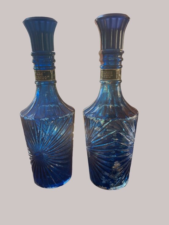 James Beam Other - Imported McGill Canadian Whiskey 2 Cobalt Blue Decanters Bottled by James B Beam
